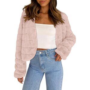 Women's Faux Fur Coats Fleece Cropped Jacket Long Sleeve Shaggy Warm Pink